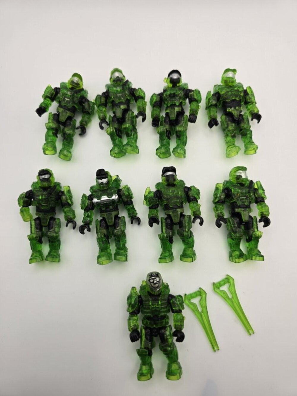 HALO MEGA BLOKS TRANSLUCENT GREEN Figure Lot Of 9- One Missing Hand